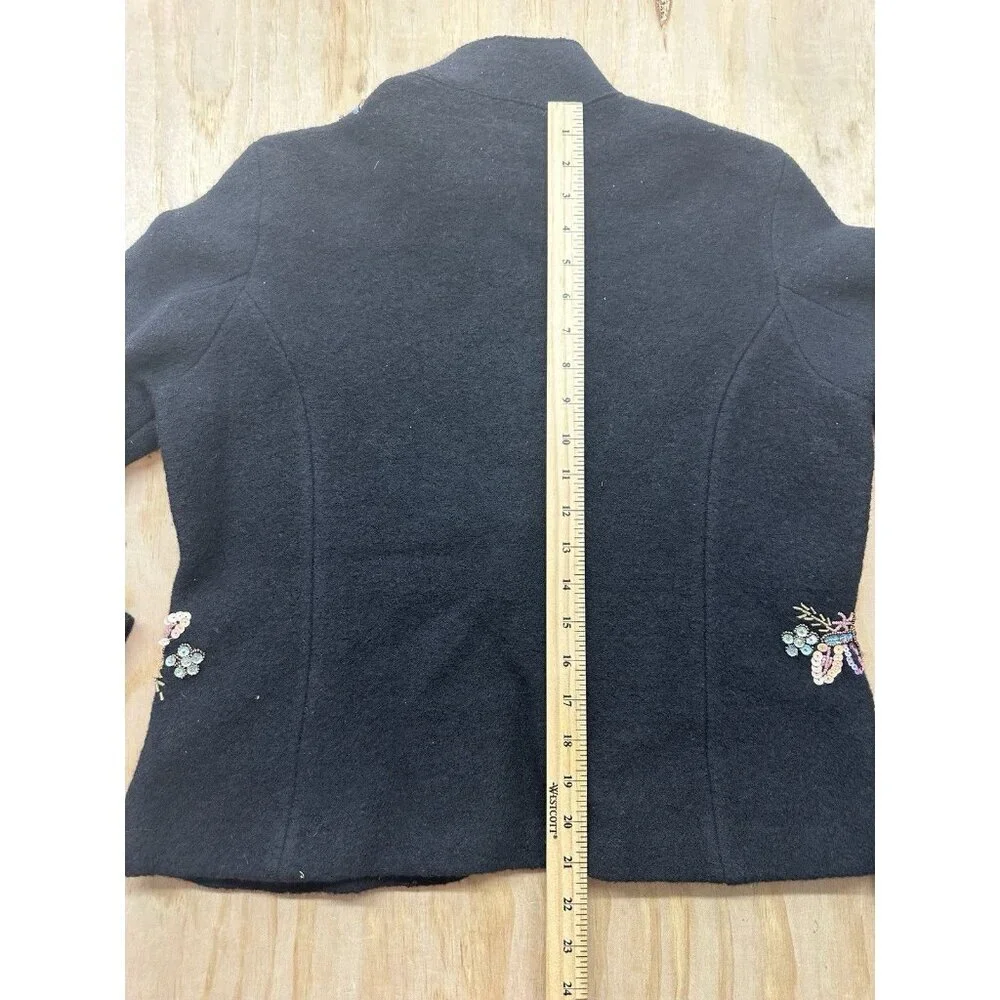 Bloomingdale’s Wool Blazer Coat Sequins Beads 12 Petite Lined Floral‎ Black VTG